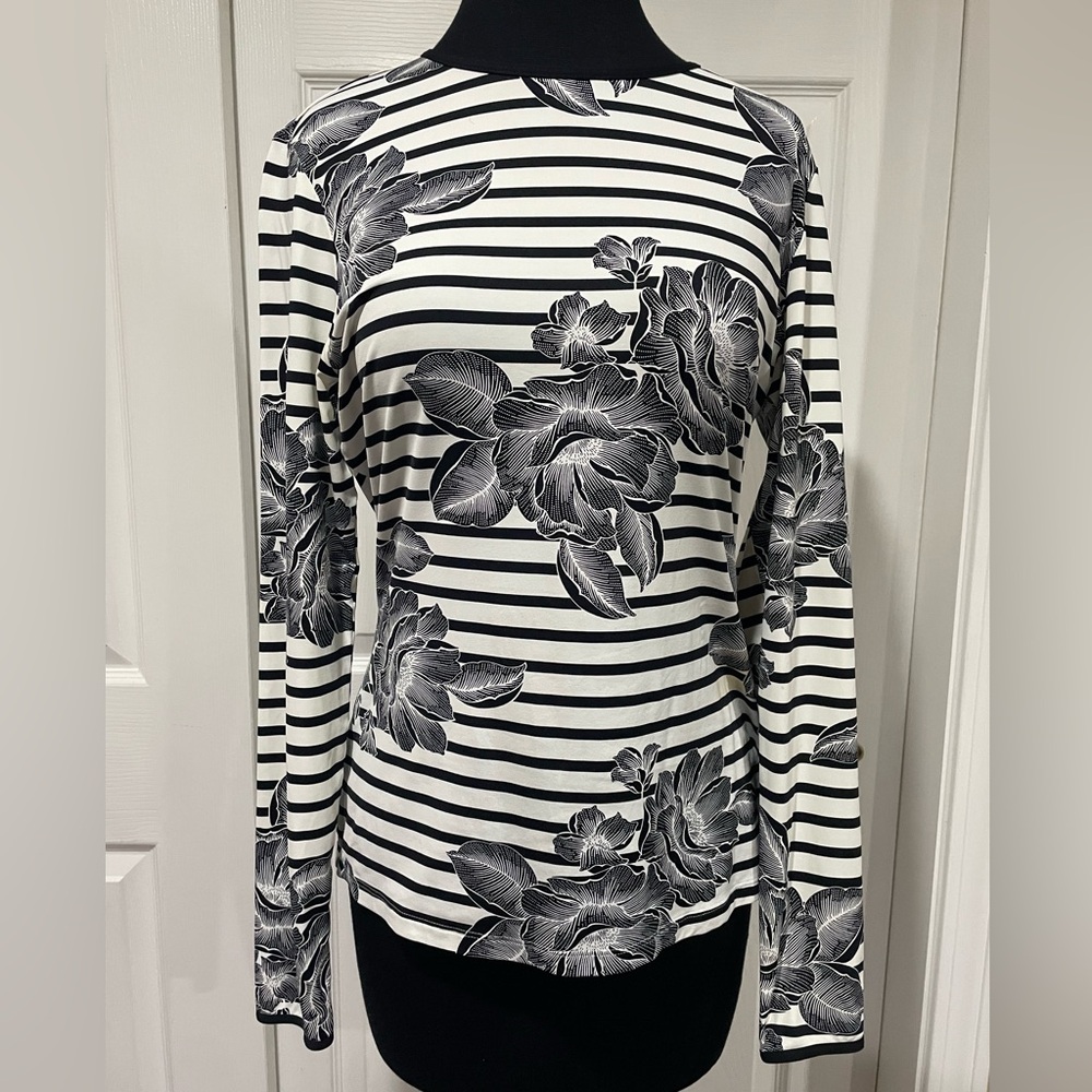 Lands' End Black and White Floral Stripe Long Sleeve Top Sz S